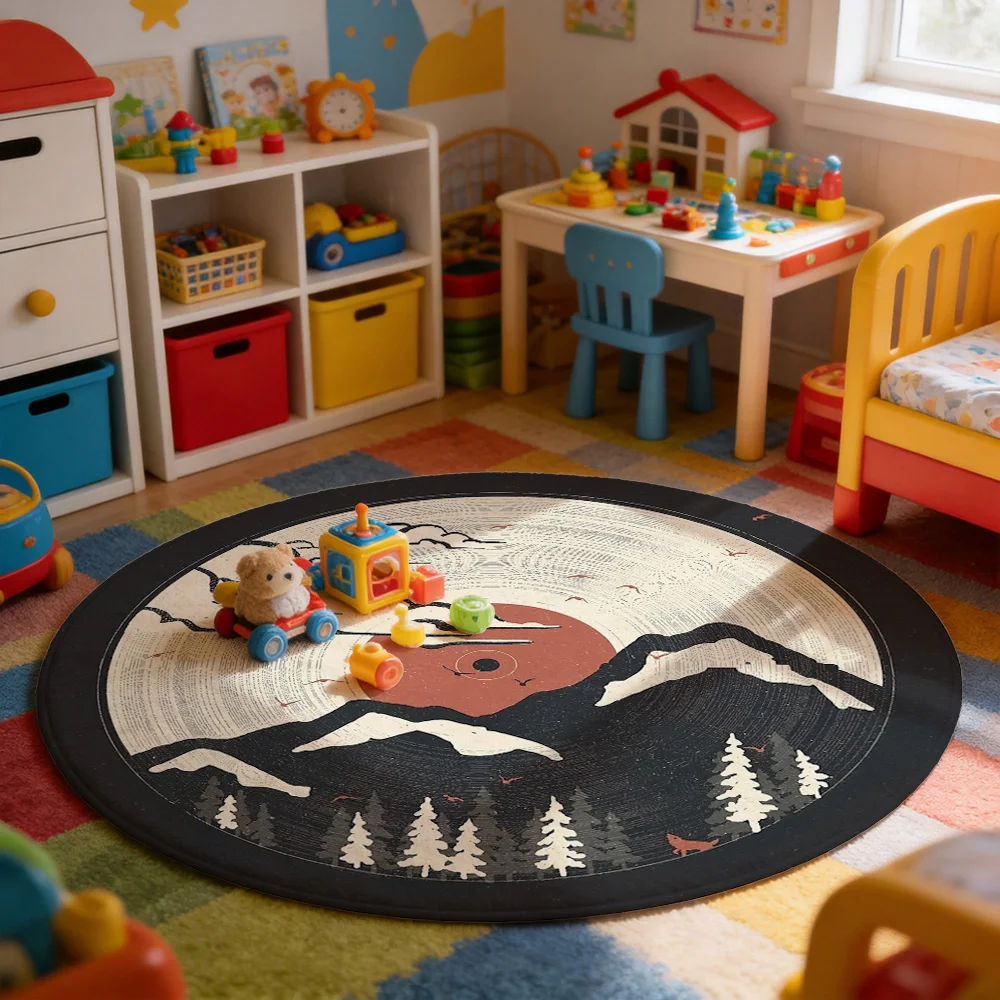 Boho Sunset Mountain Landscape Round Area Rug Bohemian Decor Farmhouse Style Living Room Floor Mat