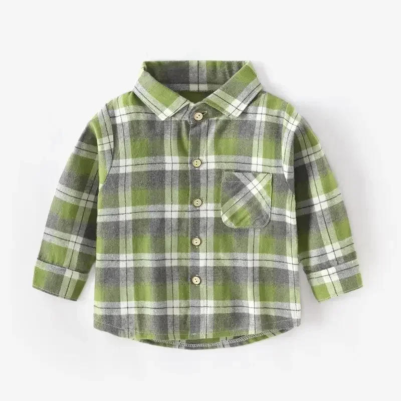 2024 Spring Autumn Children Long Sleeves Shirt Fashion Plaid Top New Girl Boy Polo Collar Casual Single Breasted Outing Clothing