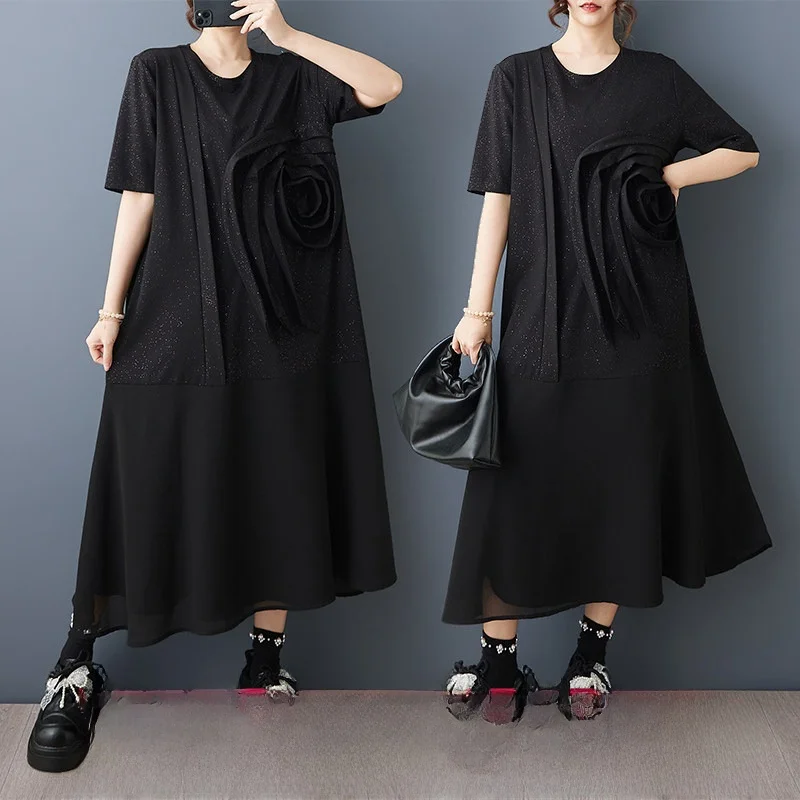 

Slimming Summer New plus Size Loose Dark Design Sense 3D Flower Splicing Dress Cotton A-Line Midi Dress for Women