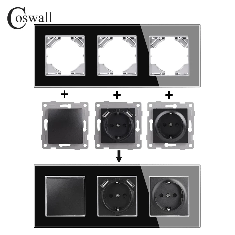 Coswall D1 Series Silver-Plated Glass Panel Wall Light Switch EU/France Standard Socket USB Charging CAT6 Internet  Module DIY