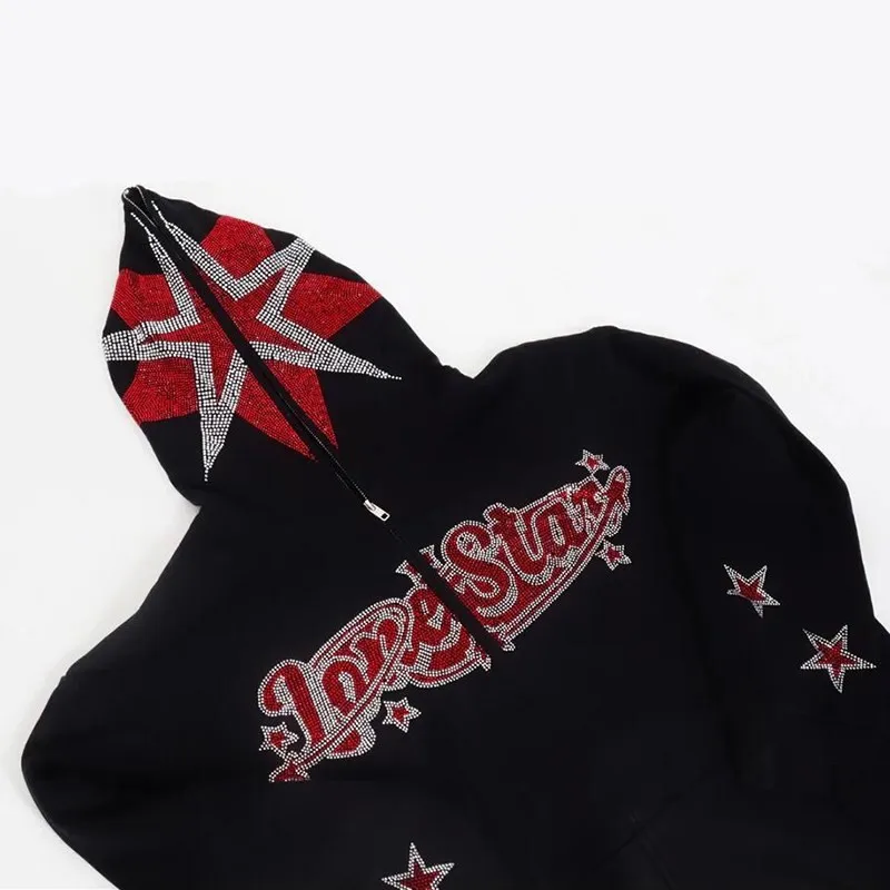 Zip Hoodie Star Letter Rhinestone Goth Sweatshirt Sport Coat Pullover Men Gothic Long Sleeve Oversized Hoodie Y2k Jacket Hoodies