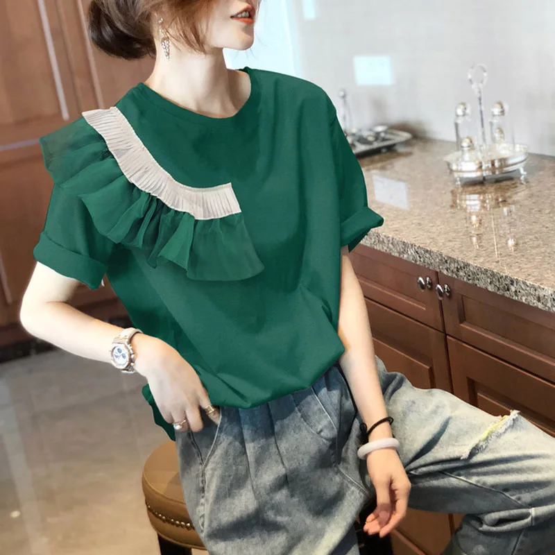 

Ladies' round Neck Short Sleeve T-Shirt Overhead Style with Lace Trim Korean Style Loose Fit Summer Casual Top by Shiyilin