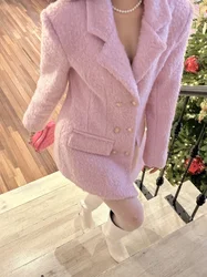 Pink Vintage Woolen Jacket Women Autumn Winter Wear Graceful Gentle Sweet Outwear Coat Female Korean Fashion Warm Coat 2024 New