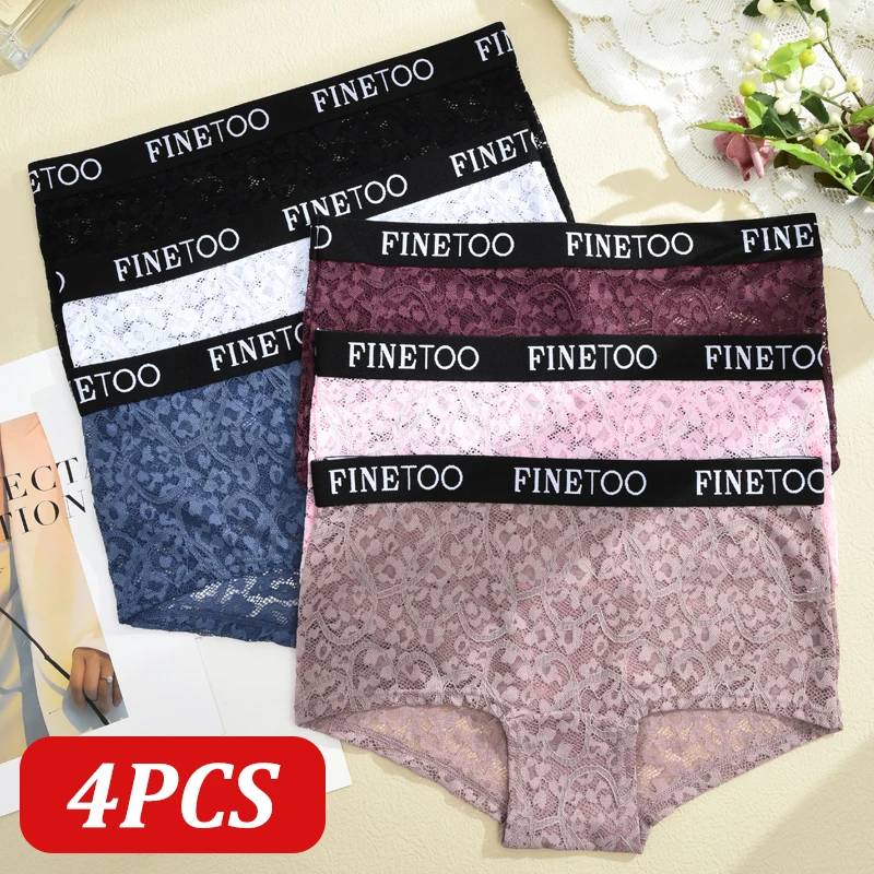FINETOO 4PCS Sexy Spitze Boxer Kurze Für Frauen Nahtlose Einfarbig Brief Perspektive Sport Höschen Weibliche Hohe Taille Dessous