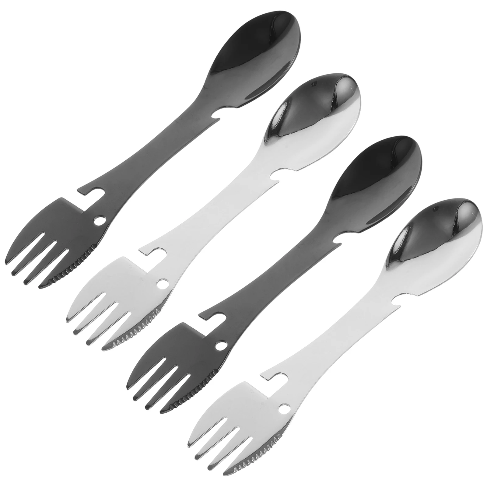 

4 Pcs Stainless Steel Multifunctional Spork Fork Spoon Knife Bottle Opener Portable Camping Cutlery Set Travel Utensil