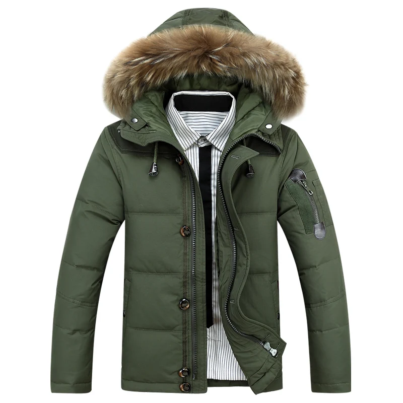 Abrigo grueso de plumón de pato para hombre, Parka de plumón de pato blanco 90% con capucha de piel, chaquetas de plumón de pato con cremallera de
