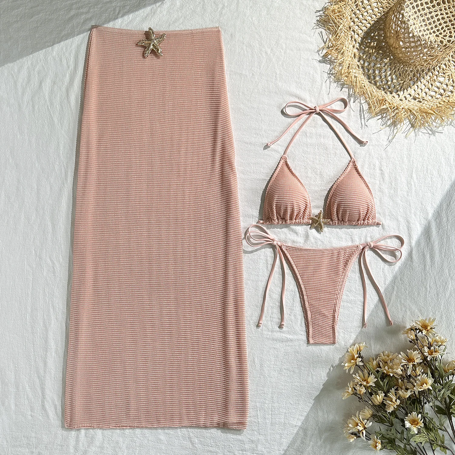 

Сексуальные металлические комплекты бикини в виде морской звезды, 3 шт., с длинной юбкой макси, купальник с завязками на шее, купальный костюм, пляжная одежда, купальники, бикини