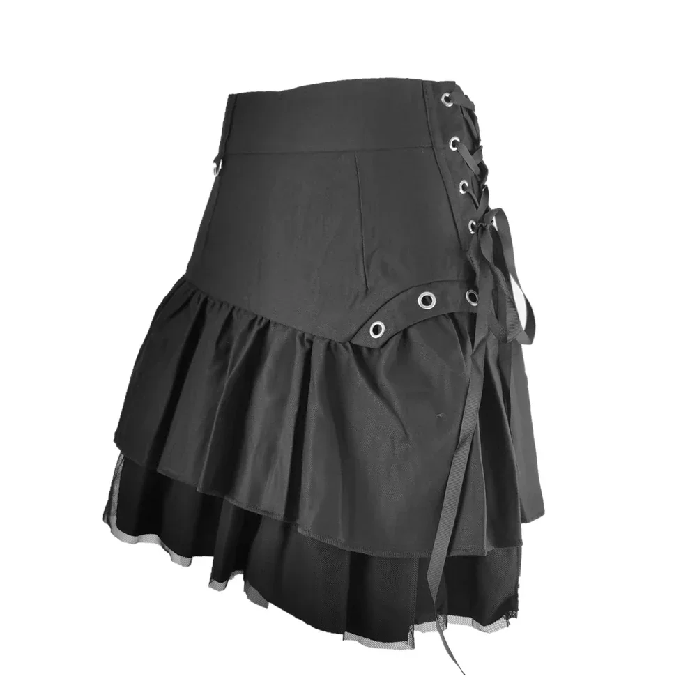 Gothic Street Sexy Ruffle Tiered Skirt Women High Waist Solid Criss Cross Tie Up A-Line Mini Pleated Skirts Women Clothing