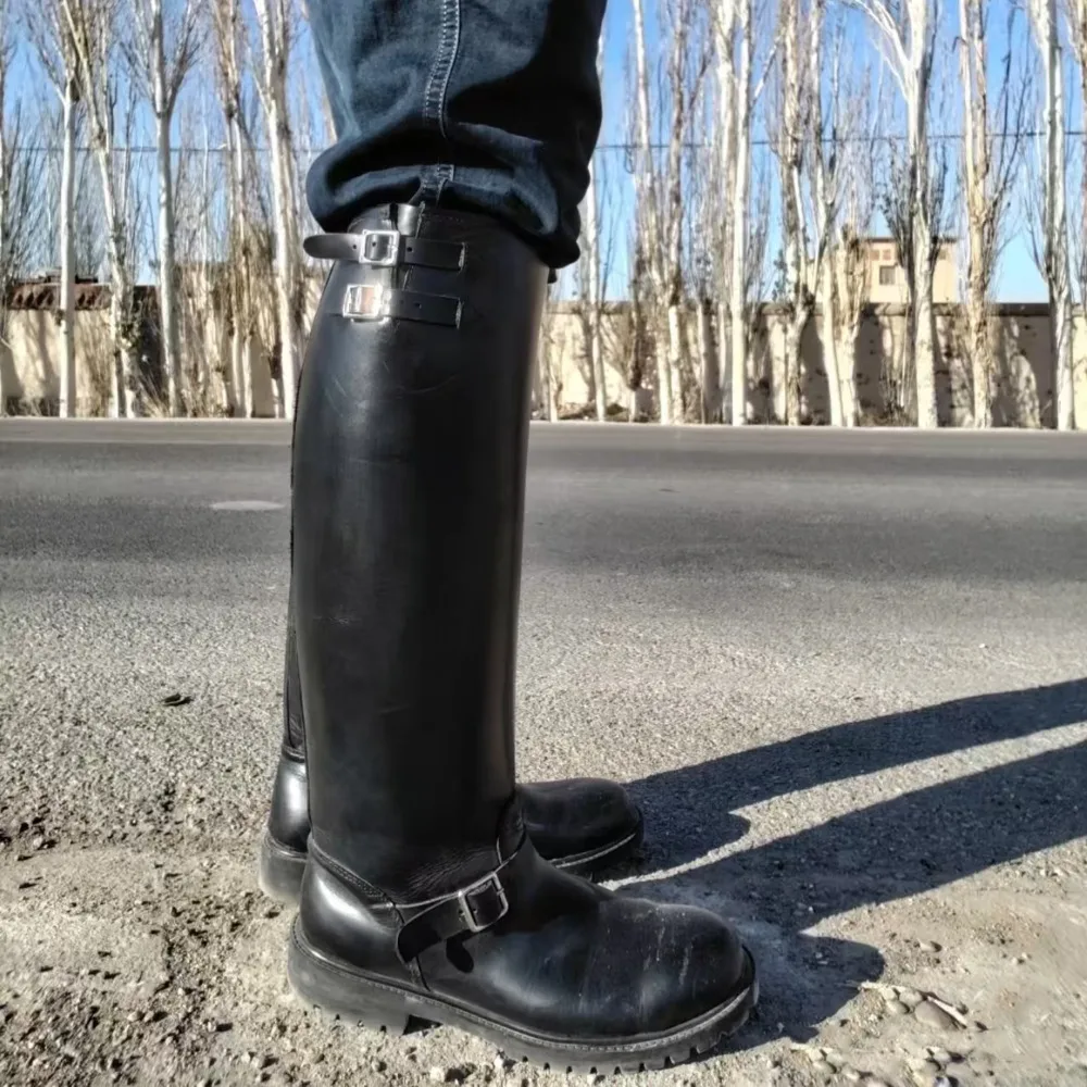 

Retro Men's Genuine Leather British Long Chelsae Boots Knee High Buckle Strap Riding Knight Boots Thick Heel Engineer Boots