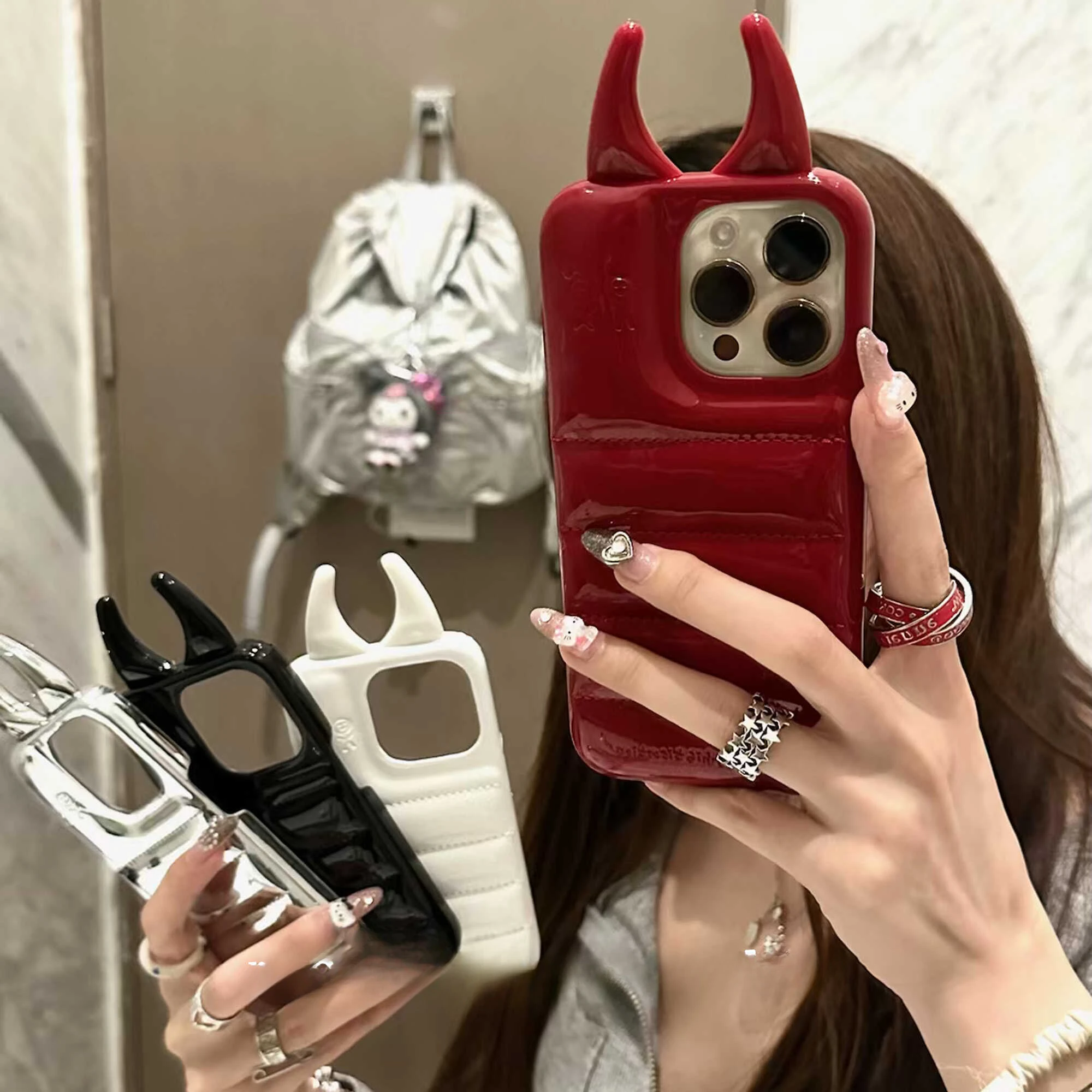 Soft Cute 3D Phone Case for IPhone15 14 13 12ProMax Anti-drop Patent Leather Down Three-dimensional Horn Shockproof Cover Cases