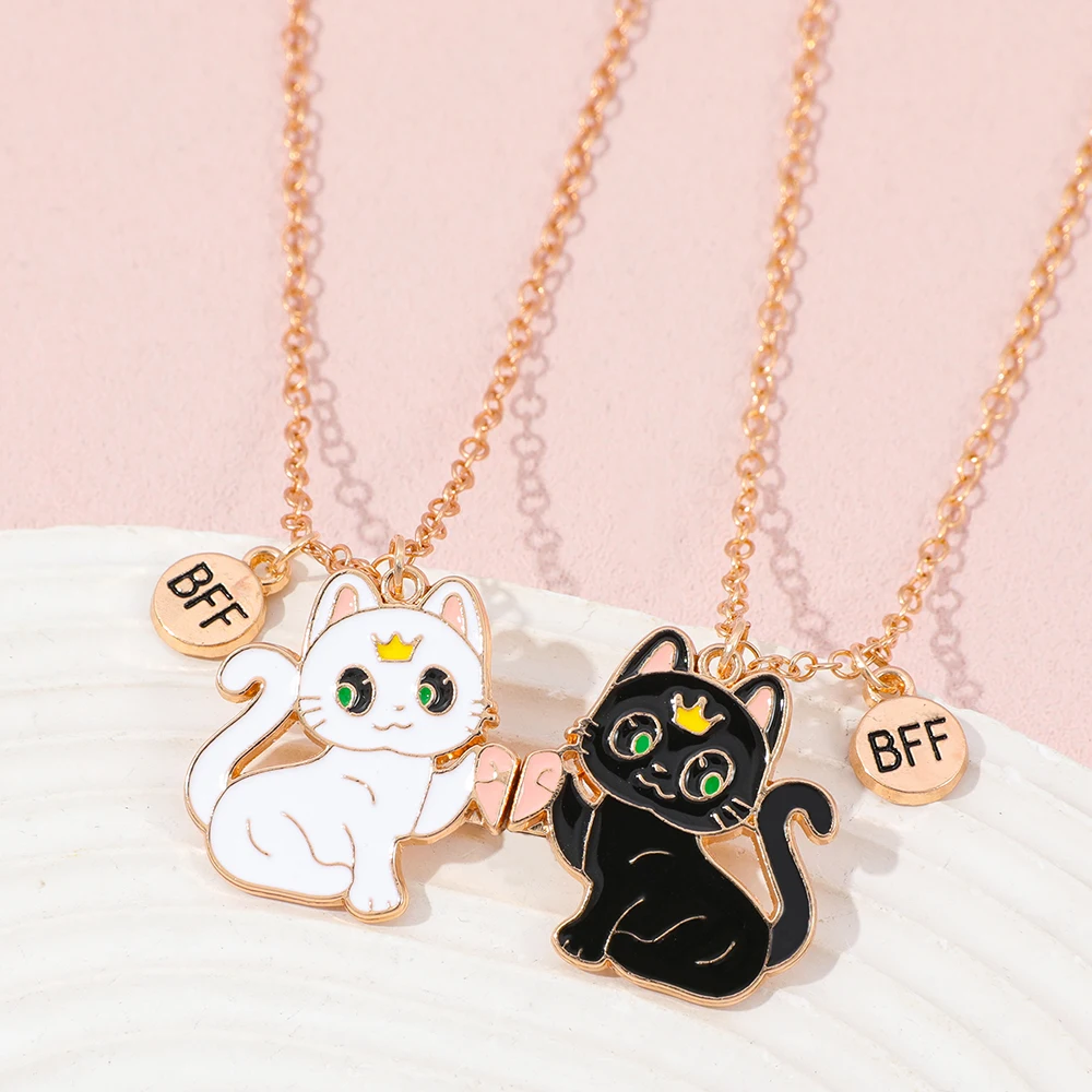 2 buah kalung mainan kucing kartun kawaii untuk sahabat terbaik, aksesoris persahabatan modis untuk anak perempuan, hadiah