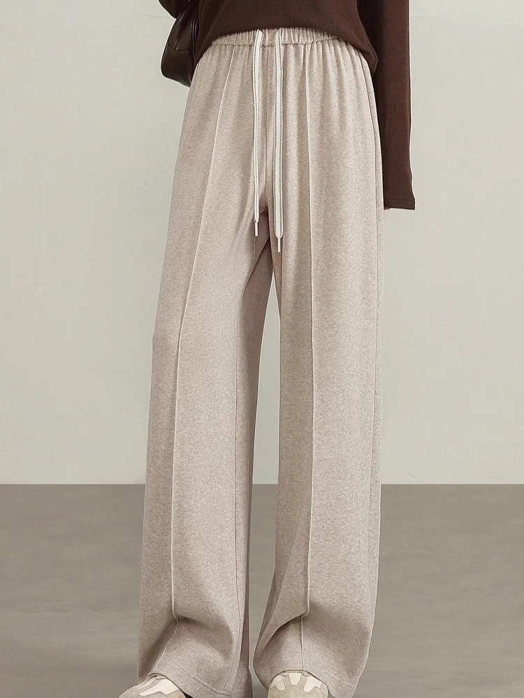 SENTUBILA Women's Sportswear Autumn Solid Minimalist Casual Wide-leg Pants Drawstring Waist Loose Full-length Pants 153KD3495