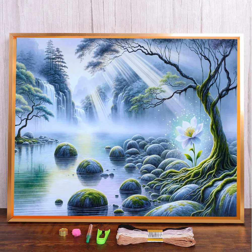 

Landscape Waterfall Printed Cross-Stitch DIY Embroidery Set Painting Handicraft Handiwork Craft Home Decor Different Counted