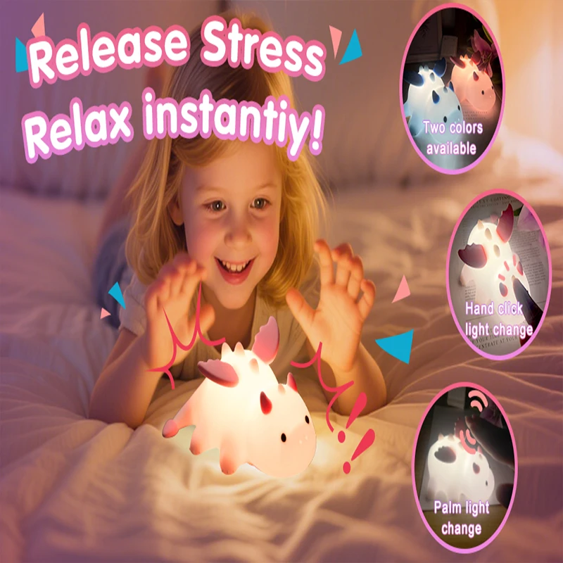 Dragon Night Light for Kids, Rechargeable 7 Colors Silicone Night Lights with Magnetic Base & Timer, Dimmable Nursery