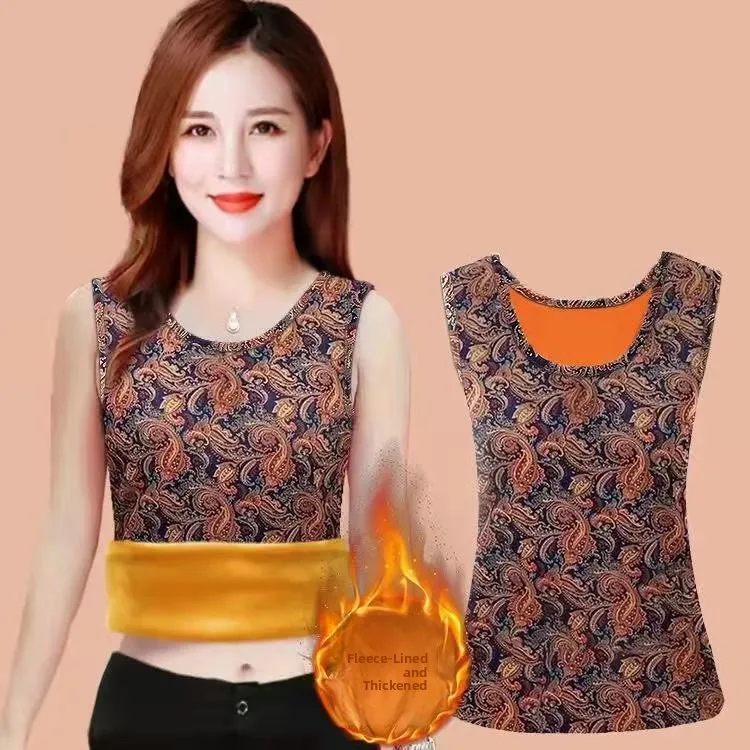 Women's Fleece Lined Thick Winter Vest Warm Underwear Base Shirt Close Fitting Inner Wear Casual Loose Style No Sleeve