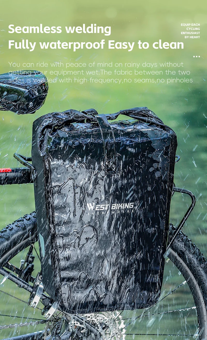 WEST BIKING Vollständig wasserdichte Fahrradtasche, 25 l, großes Fassungsvermögen, Gepäckträgertasche, lange Reisetasche, doppelseitige Tasche, Fahrradtasche, Fahrradzubehör – Detail 4