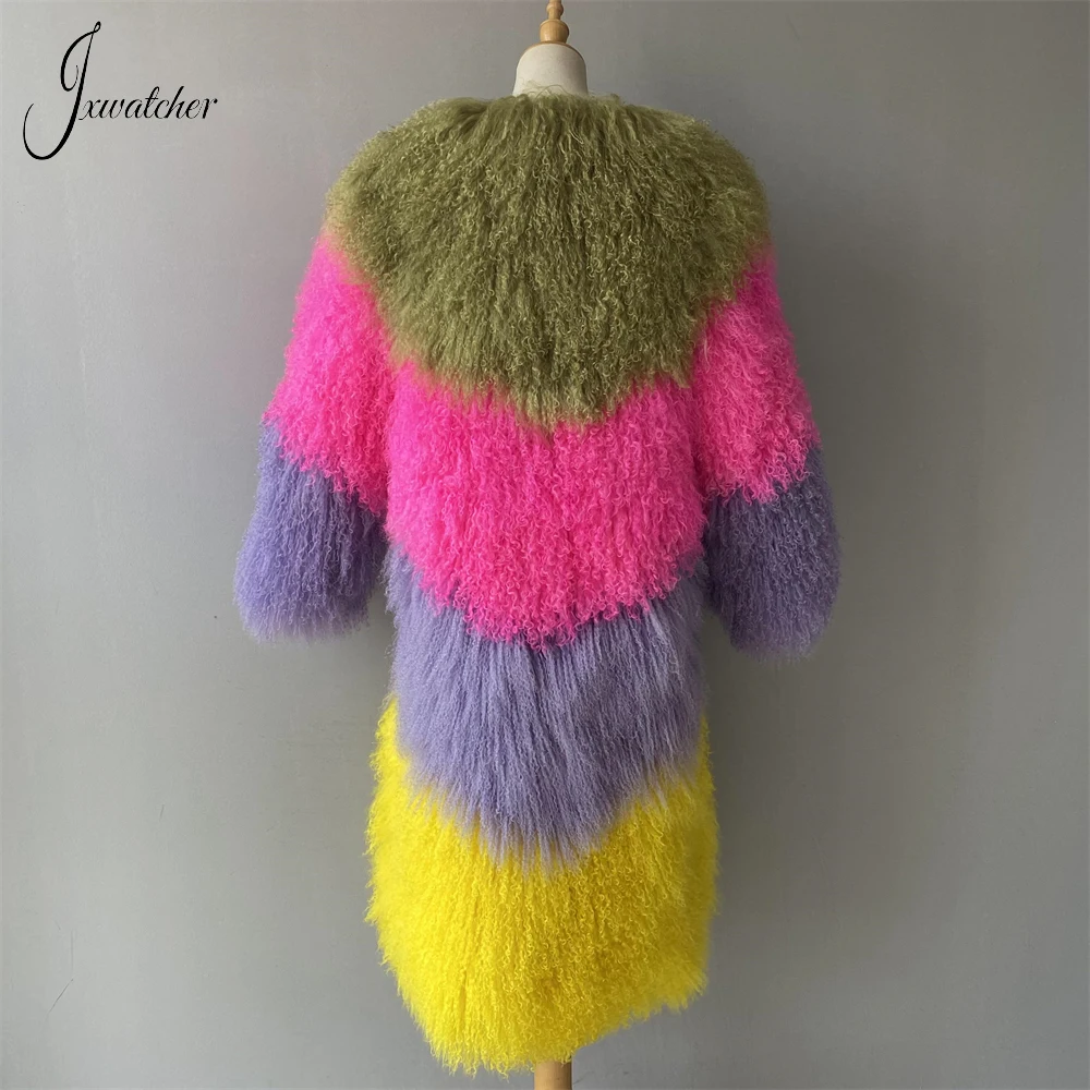 Jxwatcher Real Mongolian Fur Coat Women Luxury Long Natural Sheep Fur Coat Ladies Fashion Mix Color Fur Jacket 2023 New Style