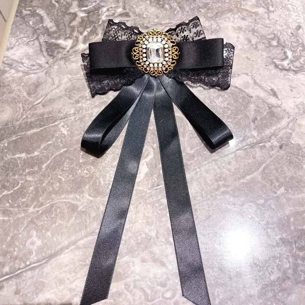 Academic Style Geometric Decoration Shirt Tie JK Uniform Decoration Rhinestone Pearls Tie Tassels Black Hand-beaded Lace Necktie