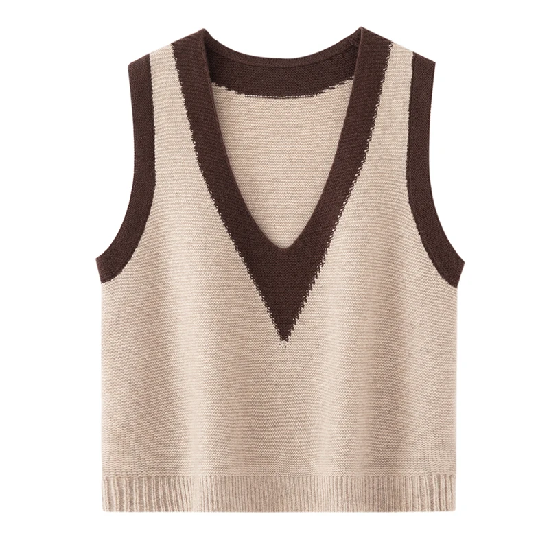 

Autumn Winter Basic Vest Sweater Women's Pullover 100% Merino Wool Knitwear Sleeveless Soft Clothes V Color Blocking Waistcoat