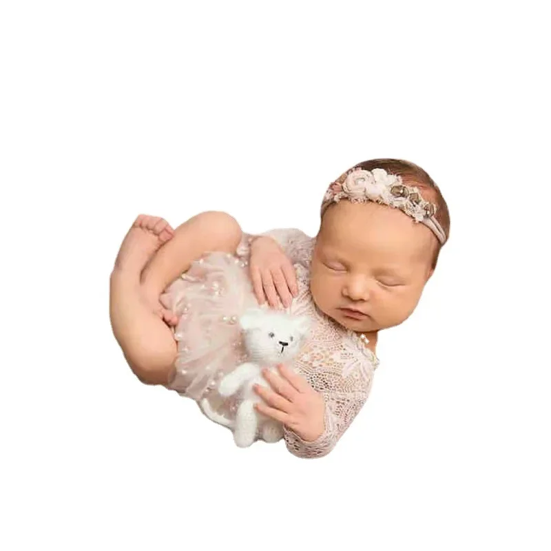 Newborn Photography Props Costume Clothing Baby Photo Lace One-piece Girl Photography White Pearl Skirt Boys Romper Suit