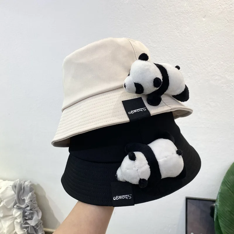 Women\'s Hat Panama Four Seasons Fisherman Hat Big Round Hat Sun Shade Hat Cartoon Panda Lovely Casual Bucket Hat Cap H04