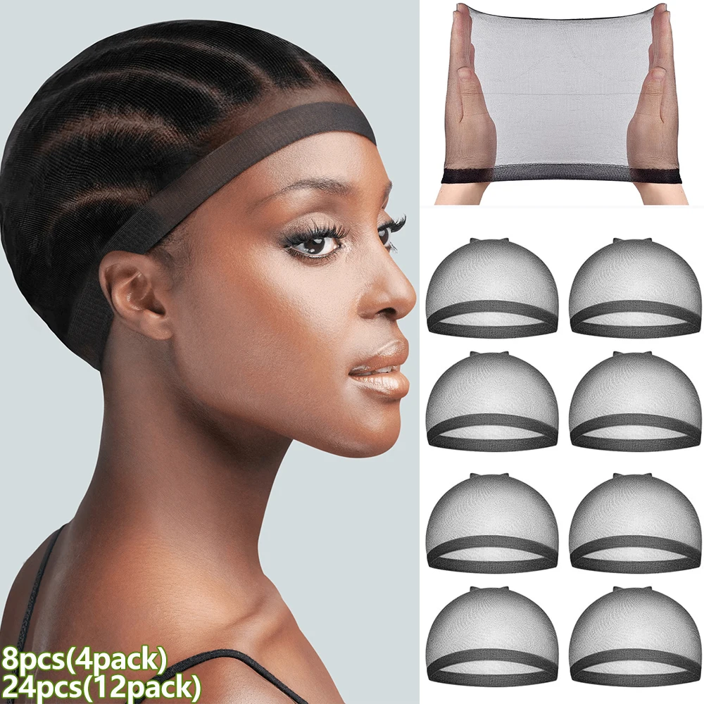 

8/24 шт. HD черные шапочки для париков, нескользящие эластичные нейлоновые шапочки для париков, мягкие и дышащие шапочки для париков с закрытым концом, 2 шт./упаковка