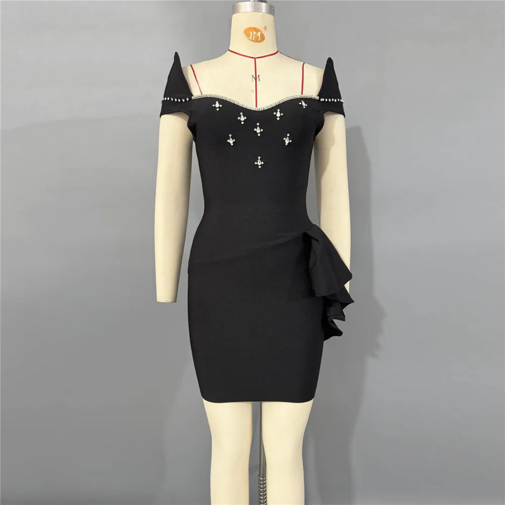 New diamond studded ruffle edge bandage dress, socialite party mini dress, sexy nightclub dress, mid length skirt