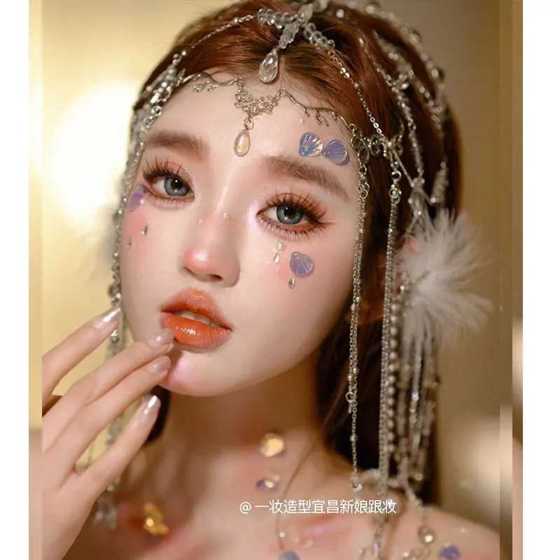 Mermaid Hair Ornament Rhinestone Tassel Eyebrow beads Pendant Princess Forehead Headwear for Women