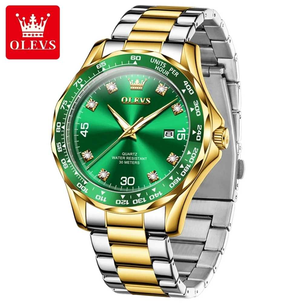 OLEVS 9988 Luxury Men's Watches Top Brand Original Green Water Ghost Series Steel Strap Waterproof Quartz Wrist Watch for Man