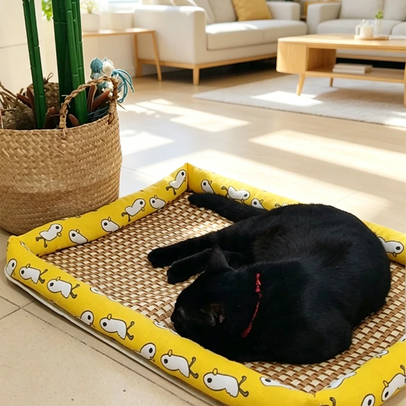 Leinenkanten-Rattan-Geflecht-Kühlmatte für Katzen und Hunde, Sommer-Kühlbett, atmungsaktiv und rutschfest, waschbar, kühlendes Haustier-Sitzkissen