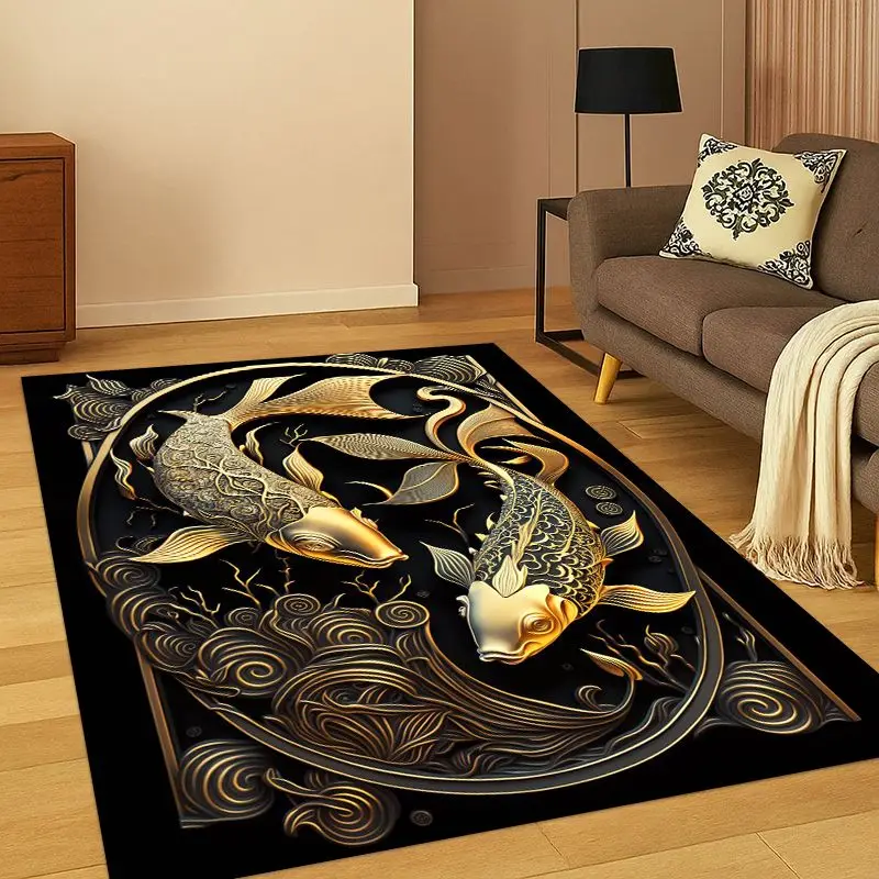 GOOD LUCK Koi Fish Yin Yang Carp Cartoon Carpet Rug for Bedroom Living Room Sofa Playroom Doormat Home Decor,Area Rug Non-slip