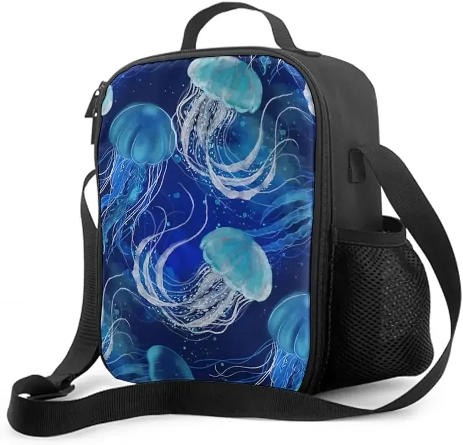 Lunch Tote Bag Water-Resistant Lunch Tote for Women, Underwater Blue Jellyfish Insulated Lunch Bag for Travel, Work, Picnic