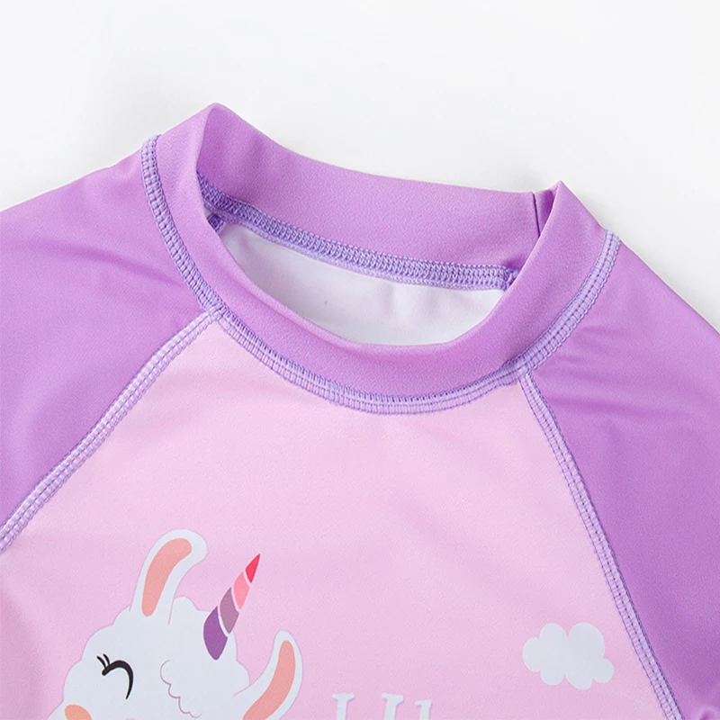 2023 Summer Girls Swimwear Suit Baby Toddler Alpaca Unicorns Rabbit Cartoon Pattern Bodysuit+Cap+Short Dress Three-piece Set