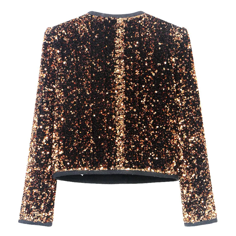 Chaqueta corta dorada brillante de manga larga para mujer, chaqueta de mujer de lujo a la moda de alta calidad con estilo de fragancia pequeña y contraste con múltiples bolsillos