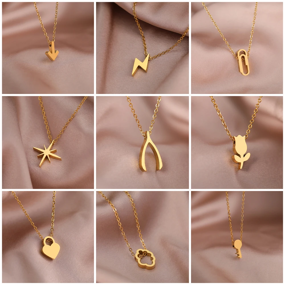 Stainless Steel Necklaces Lucky Wishbone Rose Flower Key Pendants Clavicle Chains Fashion Necklace For Women Jewelry Trend Gifts