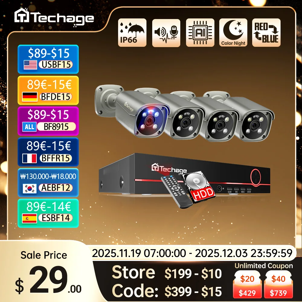 

Techage 4K 5MP 8MP Система камер наблюдения H.265 8CH POE NVR Комплект обнаружения человека Красный свет Сигнализация CCTV P2P Видео Аудио