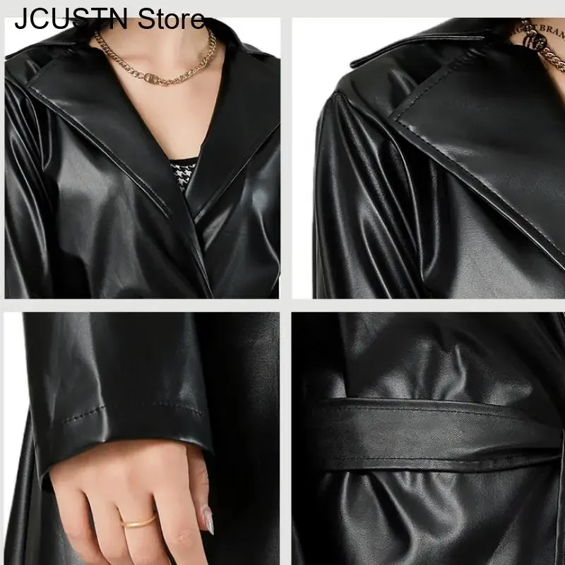 Long Faux Pu Leather Trench Coat Women Black Lapel Loose Fit Fall Stylish Jackets Casual Elegant Y2K Maxi Loose Windbreak