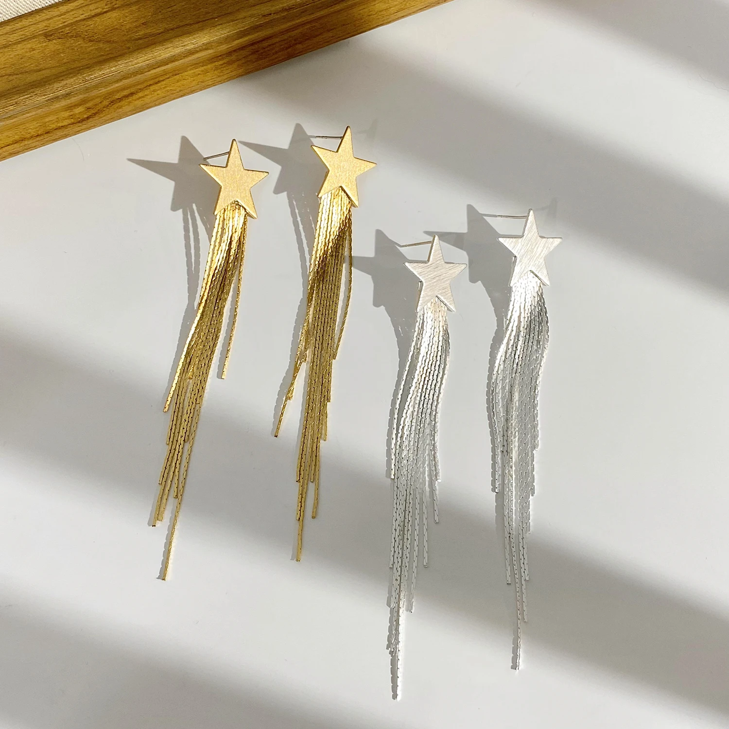 Greatera Trendy 18K Gold Silver Plated Metal Star Tassel Earrings for Women Long Thread Copper Alloy Drop Earrings Jewelry