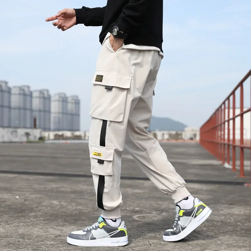 Thin Streetwear Casual Pants Men Ribbons Harem Jogging Pants Male Slim Fit Spring Cargo Pants Multi-Pockets Women Trouser Jx1