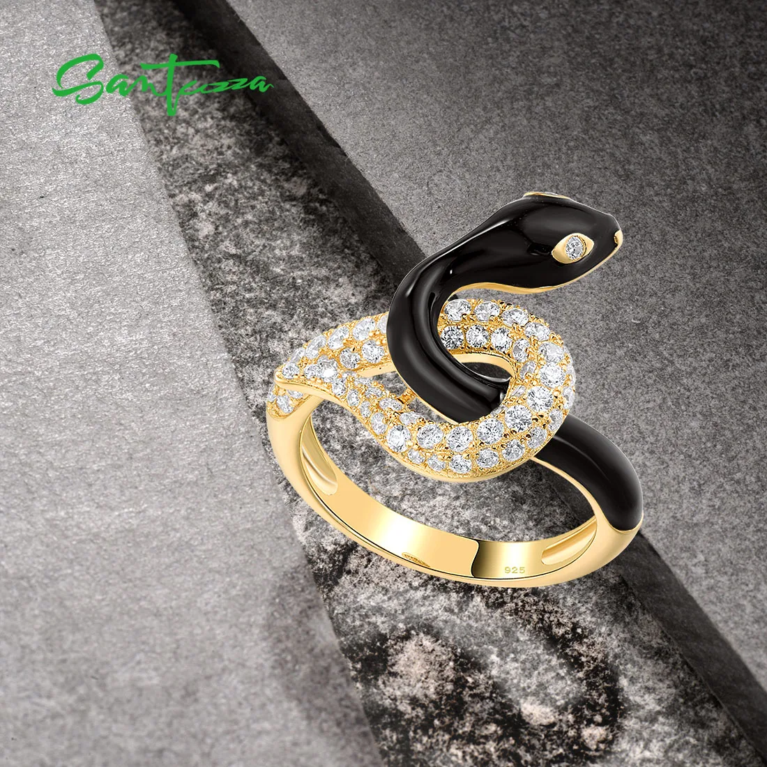 Imagem -04 - Santuzza-genuine 925 Anel de Prata Esterlina para Mulheres Espumante Esmalte cz Branco Serpente Glamorosa Presentes de Animais Chiques Jóias Finas