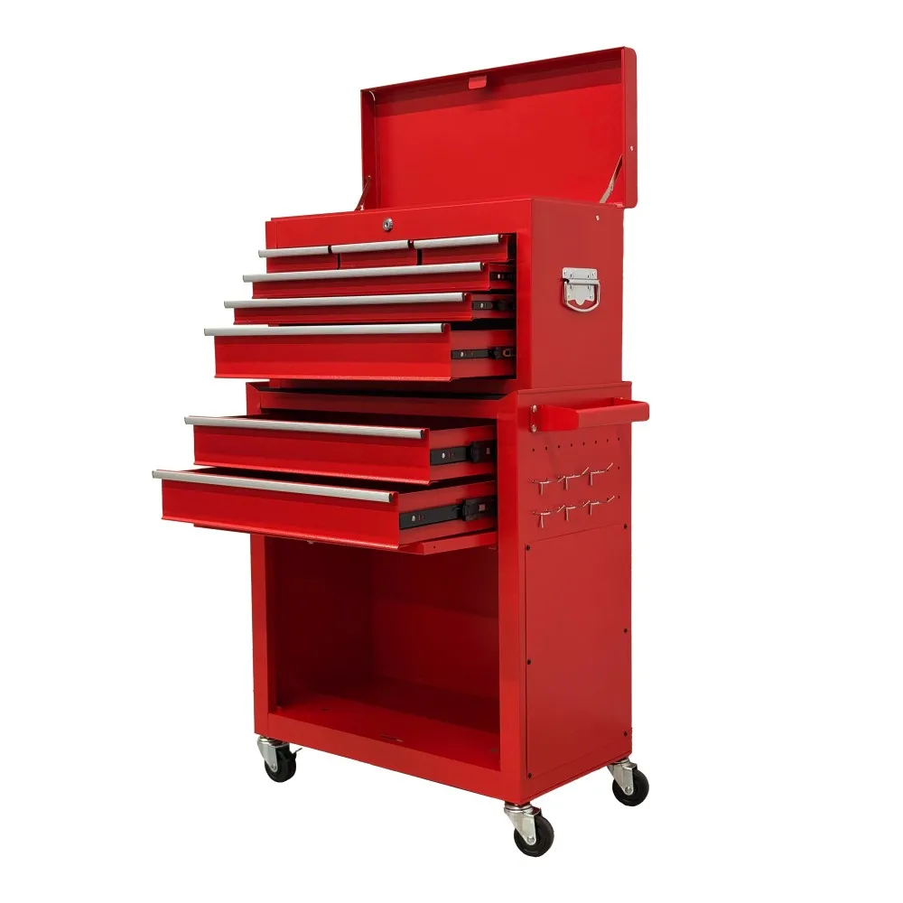 8-Drawer Rolling Tool Chest with 2-in-1 Detachable Top Box, Cold-Rolled Carbon Steel Storage Cabinet, Drawer Liners, Lockable Caster Wheels and Side Hooks, High-Capacity Red Mobile Tool Cart and Workbench for Garage Workshop Hardware Organization
