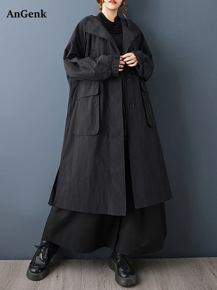 

Большой черный винтажный длинный плащ с капюшоном на молнии для женщин, новая повседневная свободная модная верхняя одежда, весна-осень 2025