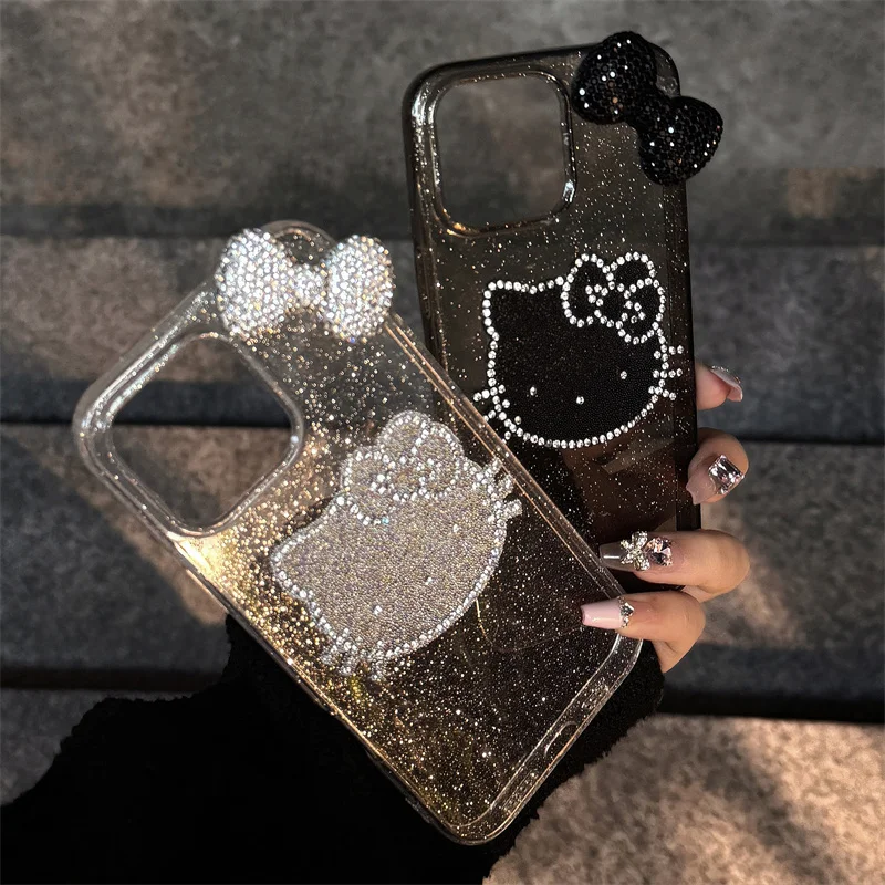 

Cute Cartoon Hello Kitty Bow KT Clear Bling Glitte Phone Case For iPhone 13 14 15 16 Pro Max Bow Diamond Kitty Glitte Cover