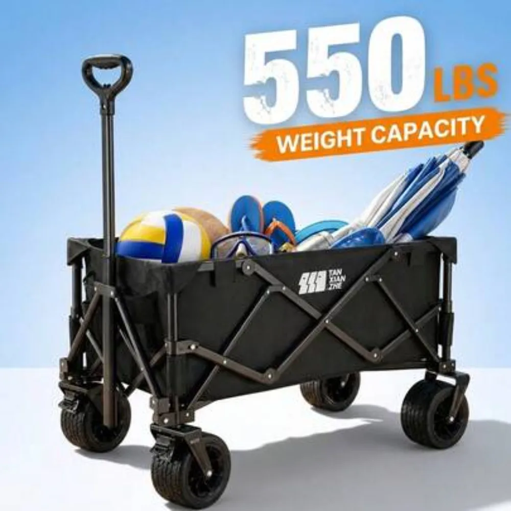 Heavy Duty Collapsible Camping Cart 550 lbs Capacity Folding Outdoor Wagon with All Terrain Wheels, Portable Utility Wagon for Camping Picnic Beach Garden Sports Shopping Gear Hauling Yard Work Festival Concert Travel, Sturdy Steel Frame Durable 600D