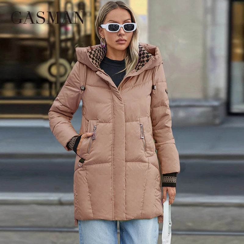 GASMAN 2024 Women Down Jacket Long Classic zipper design Big Pocket Stand Collar Hooded Slim coat Women Parkas GM-83325