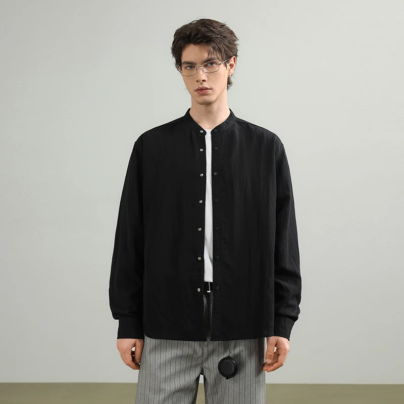 Men Old Money Fashion Vintage Simple Stylish Stand Collar Loose Casual Long Sleeve Shirts Male Commute Dress Shirt