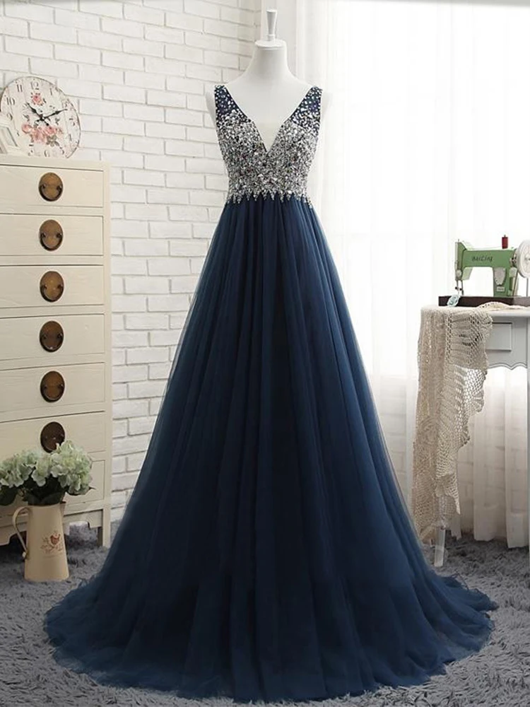 GUXQD A-Line Dark Blue Evening Dresses Sequins Beading Women Prom Party Gowns Tulle V-Neck Backless abendkleider robes de soirée