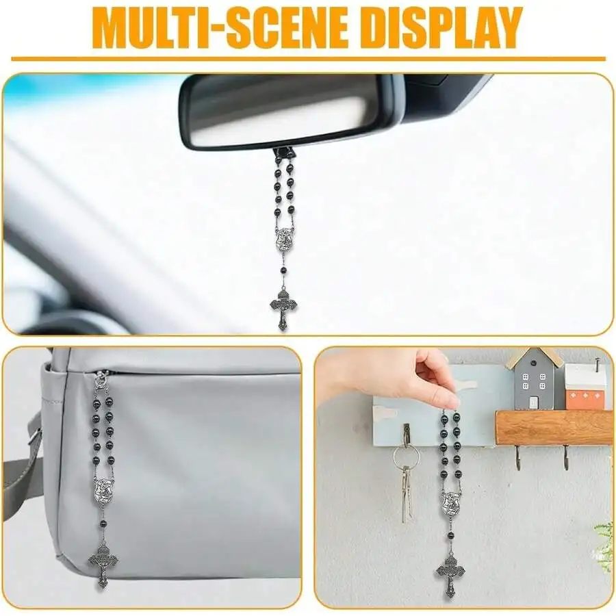 

Zinc Alloy Beaded Catholic Rosary Hanging Ornament For Car Rearview Mirror Bag Wall Decor Black