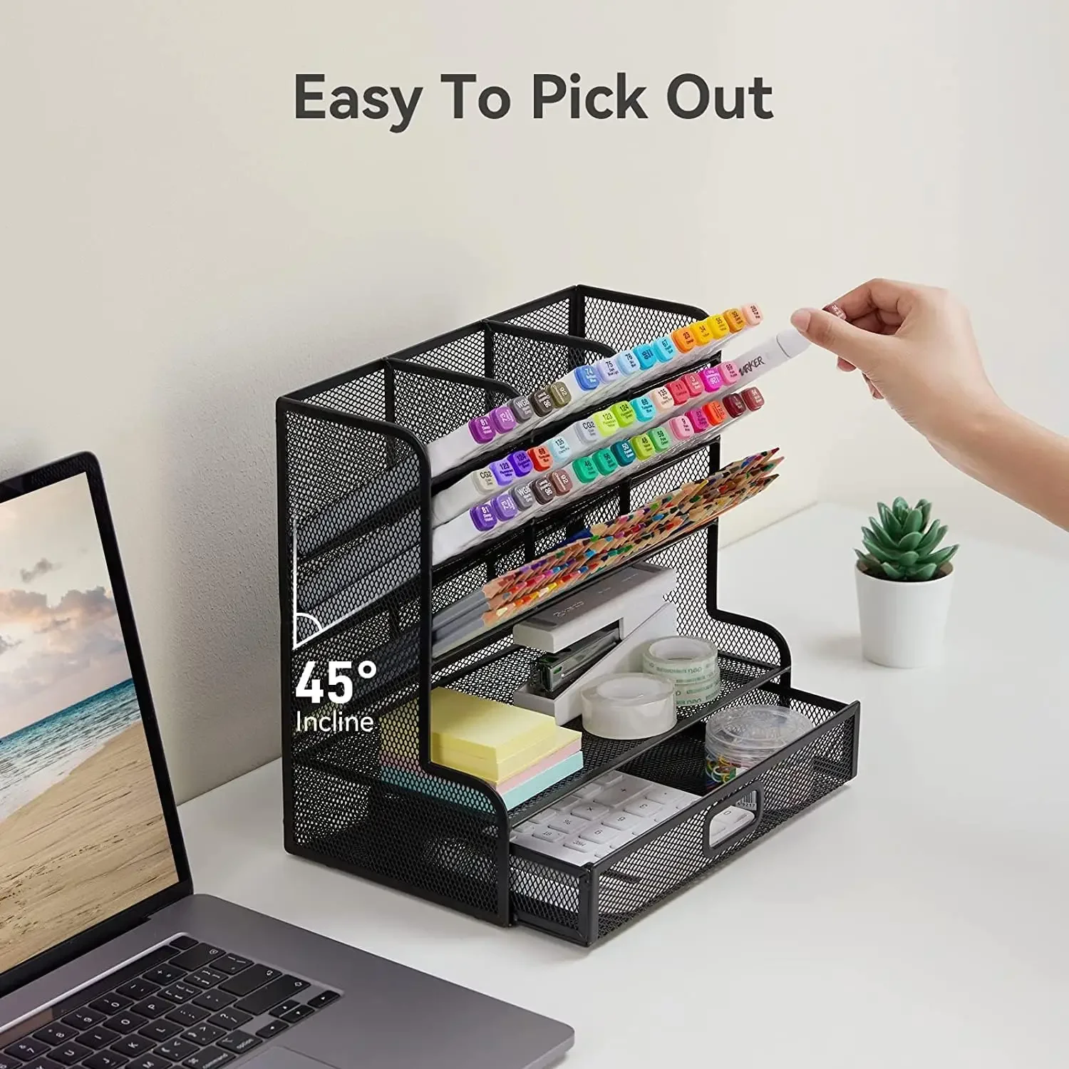 Formwell Mesh Pen Organizer Desktop Multi-Functional Pen Holder Stationery Accessories Art Desk Organizer with Drawer for office