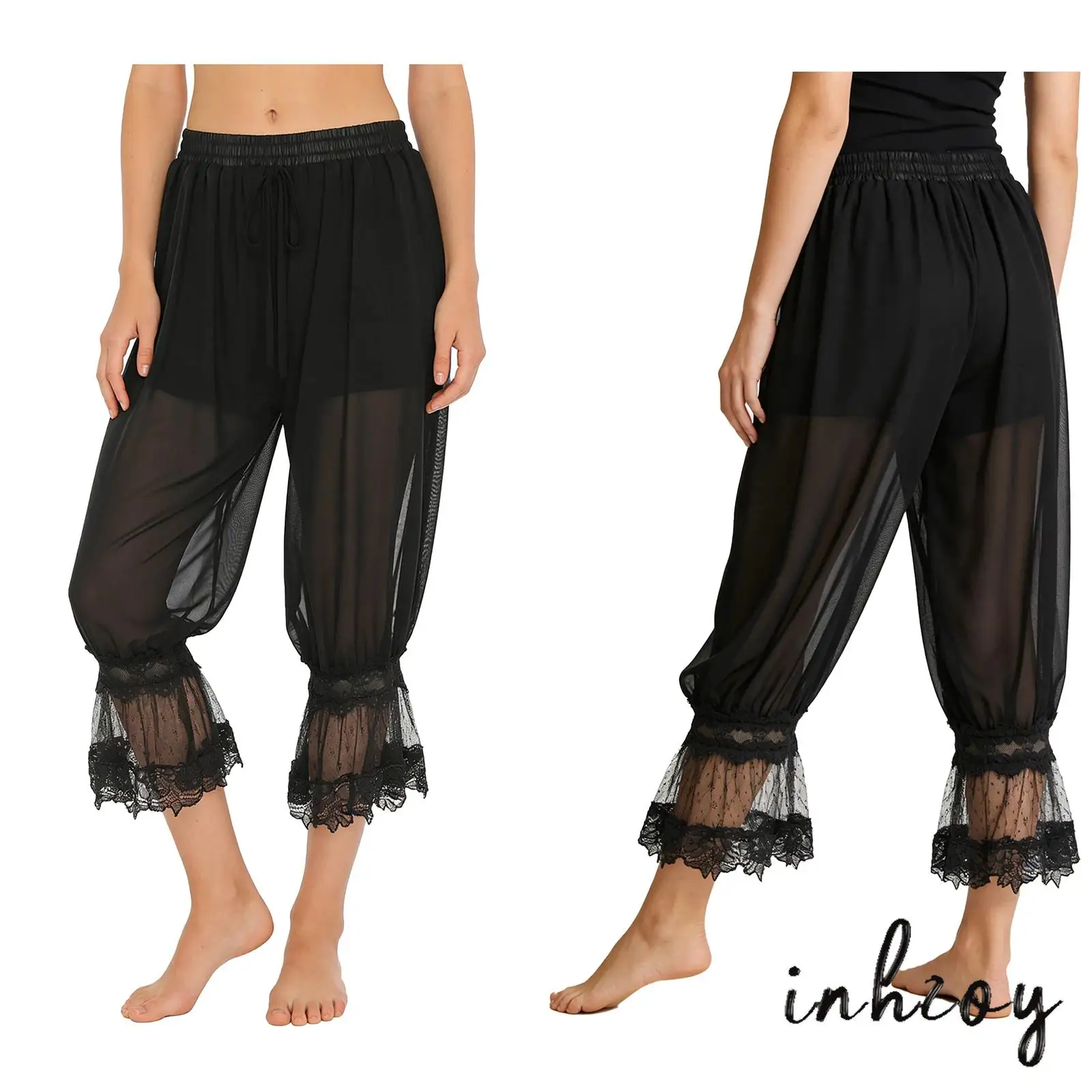

Womens Vacation Bloomers Sheer Mesh Long Pants with Built In Shorts and Floral Lace Ruffled Legs for Daily Casual Wear